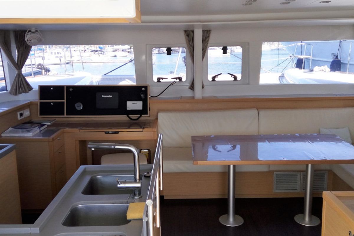 Galley of Dioni, a Lagoon 450 Fly catamaran at Athens, Greece