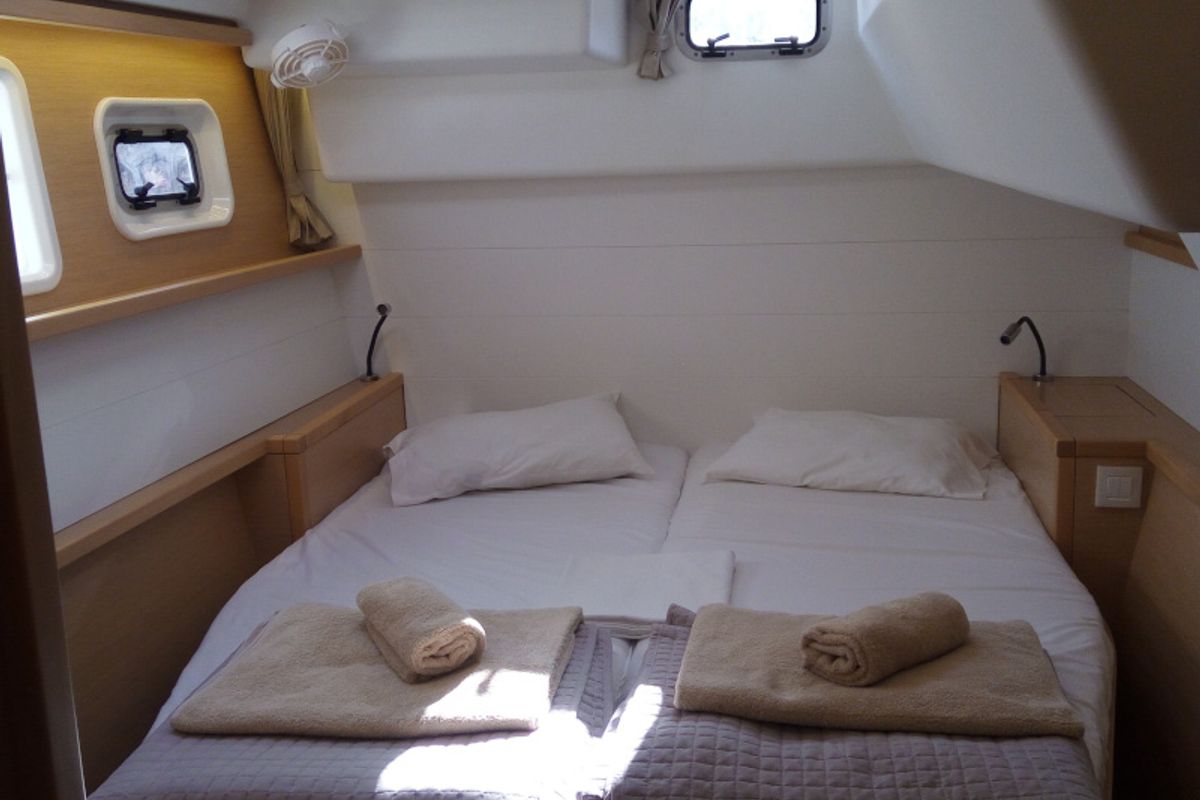 Cabin on Dioni, a Lagoon 450 Fly catamaran at Athens, Greece