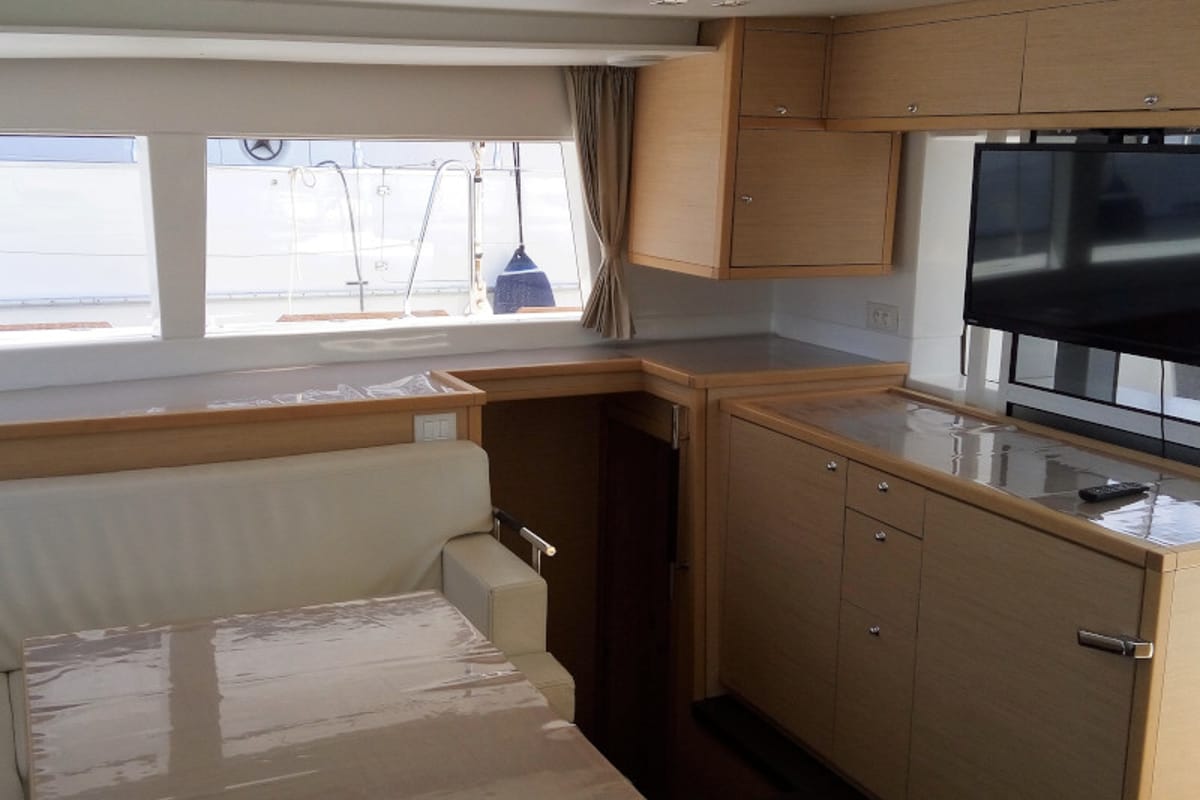 Salon of Dioni, a Lagoon 450 Fly catamaran at Athens, Greece