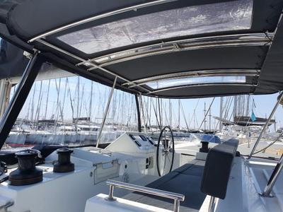 Cockpit of Dioni, a Lagoon 450 Fly catamaran at Athens, Greece