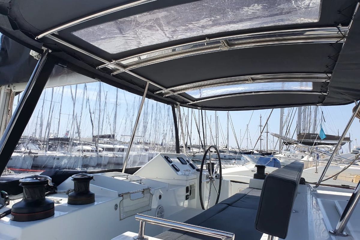 Cockpit of Dioni, a Lagoon 450 Fly catamaran at Athens, Greece