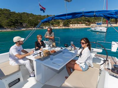 Deck of Oceanis 461/3/3 Premium, a Beneteau Oceanis 461 sailboat at Dubrovnik, Croatia