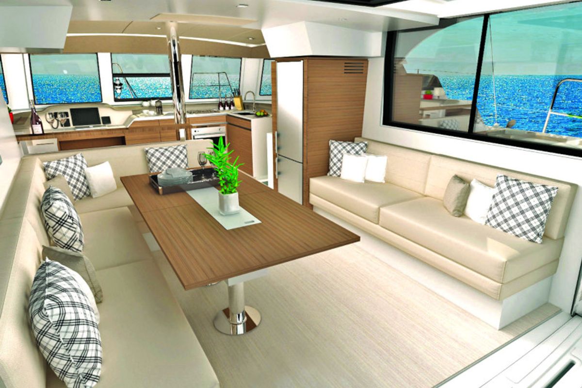 Salon of L Hippocampe, a Bali Catspace catamaran at La Favière, France