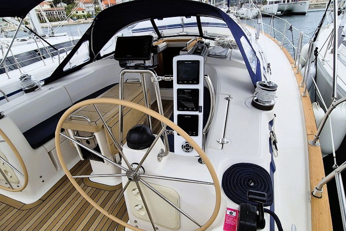 Cockpit of Flipper I, a Bavaria 44 sailboat at Jezera, Croatia