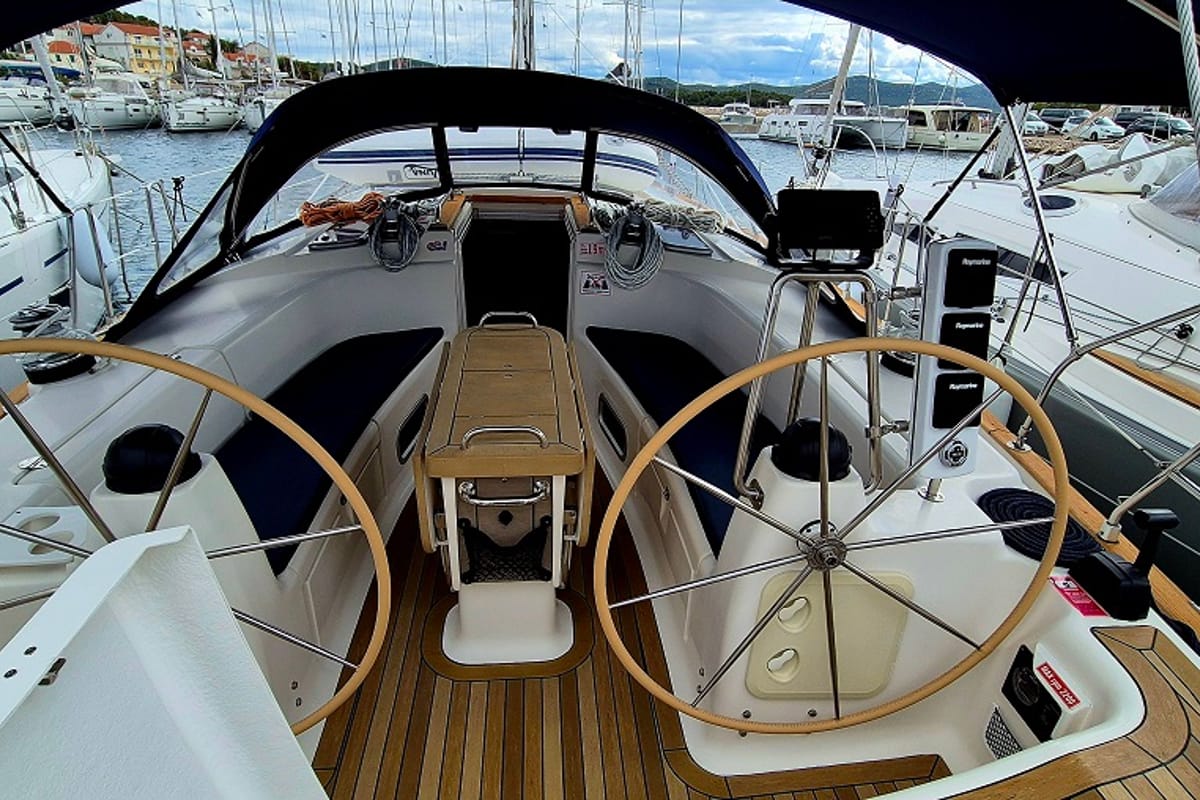 Deck of Flipper I, a Bavaria 44 sailboat at Jezera, Croatia