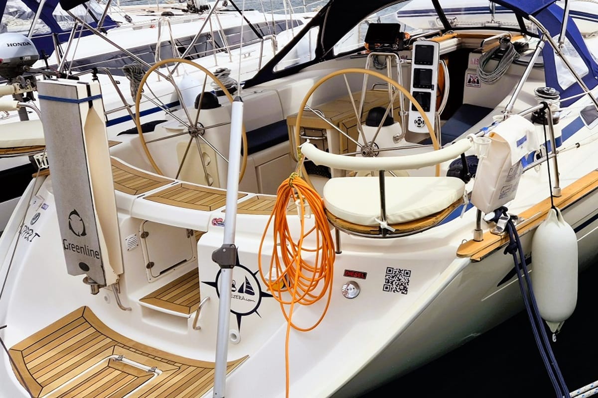 Exterior view of Flipper I, a Bavaria 44 sailboat at Jezera, Croatia