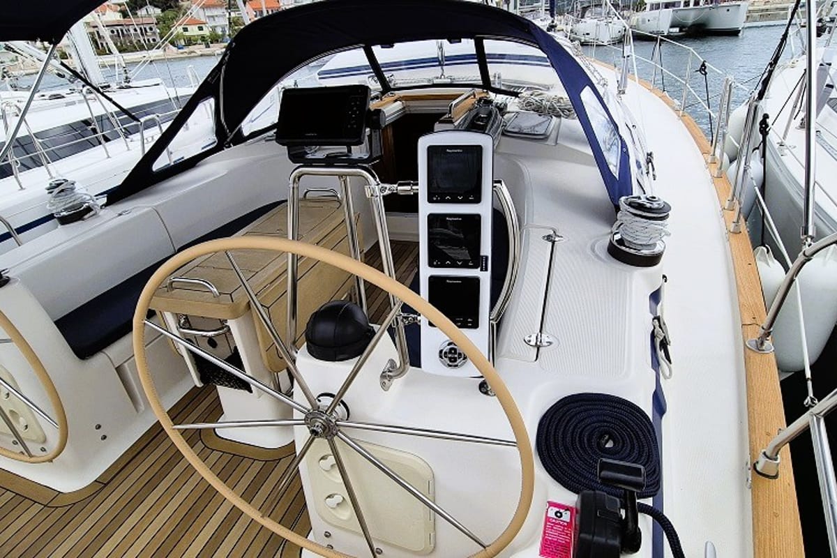 Cockpit of Flipper I, a Bavaria 44 sailboat at Jezera, Croatia