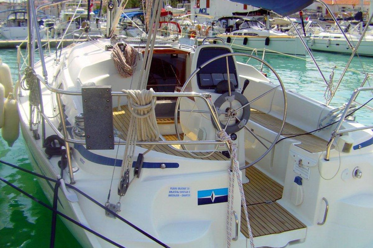 Deck of CATHERINE, a Bavaria 33 Cruiser sailboat at Grad Trogir, Croatia