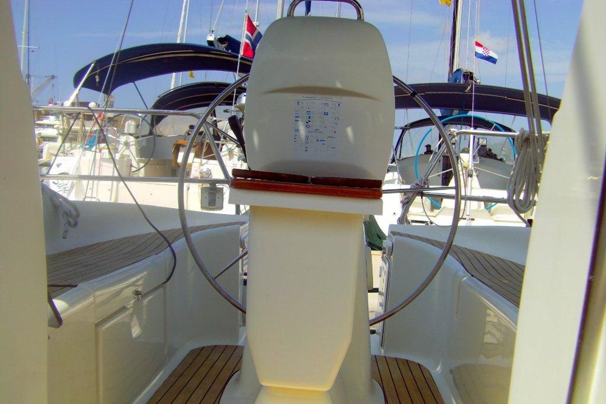 Cockpit of CATHERINE, a Bavaria 33 Cruiser sailboat at Grad Trogir, Croatia