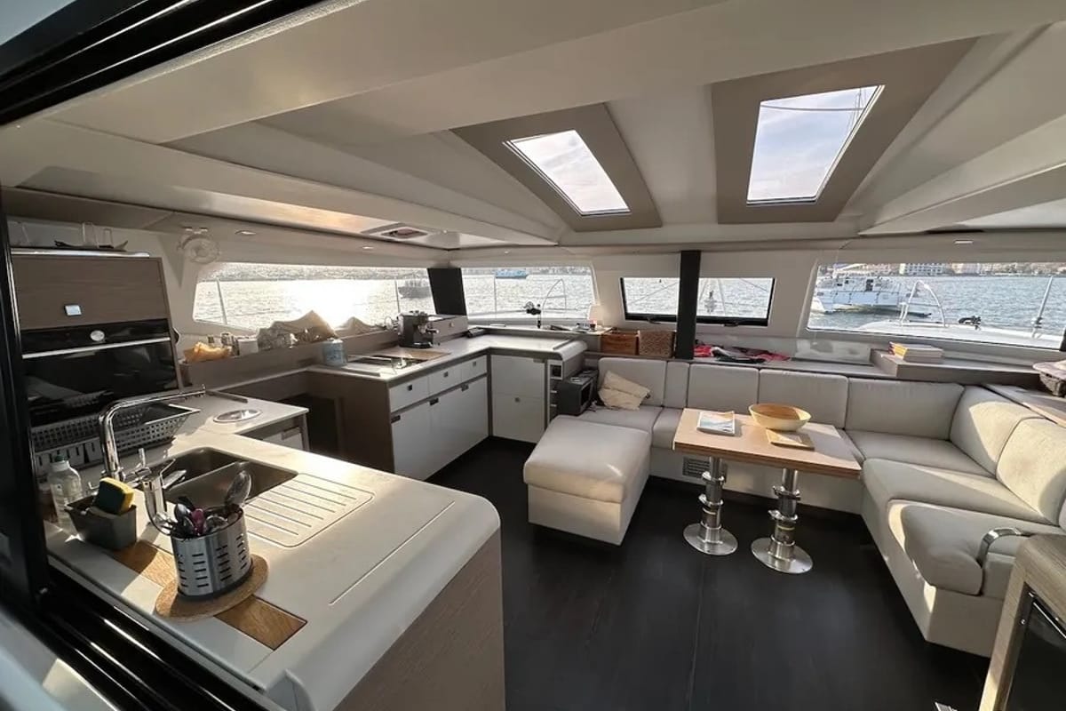 Salon of Marlea II, a Fountaine Pajot Elba 45 catamaran at Cogolin, France