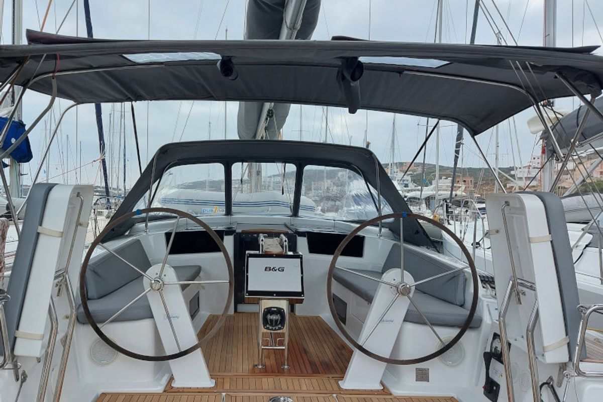 Cockpit of Pasithea, a Hanse Yachts Hanse 418 sailboat at Lavreotiki Municipal Unit, Greece