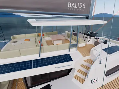 Deck of Angelina, a Bali 5.8 catamaran at Općina Rogoznica, Croatia