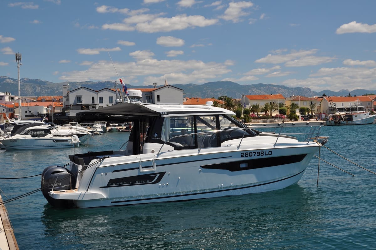 Exterior view of Ema, a Jeanneau Merry Fisher 895 motorboat at Split, Croatia