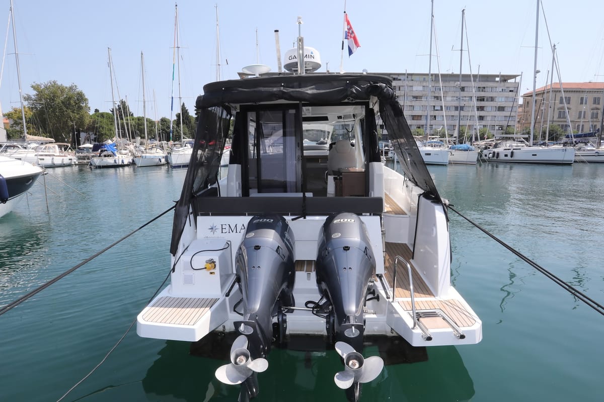 Exterior view of Ema, a Jeanneau Merry Fisher 895 motorboat at Split, Croatia