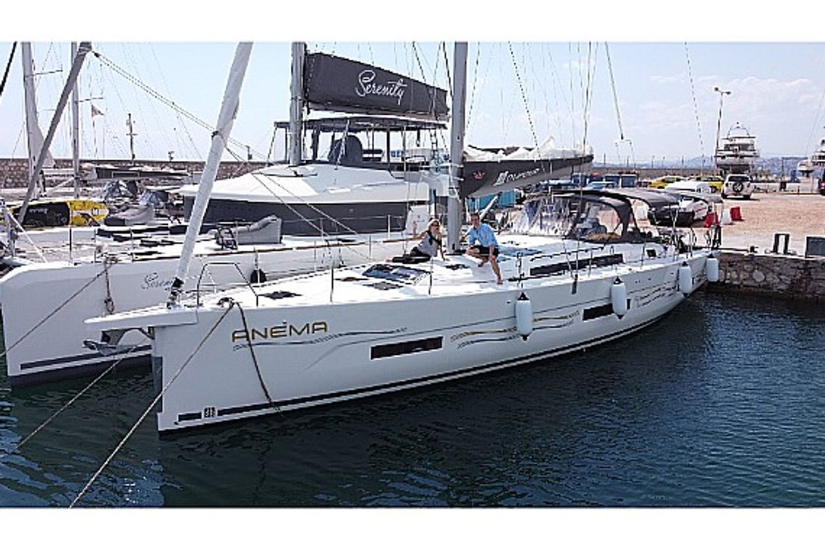 Exterior view of Anema, a Dufour 530 sailboat at Athens, Greece