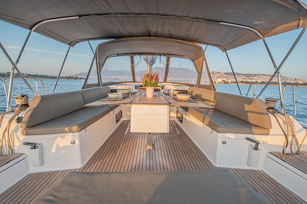 Deck of Anema, a Dufour 530 sailboat at Athens, Greece