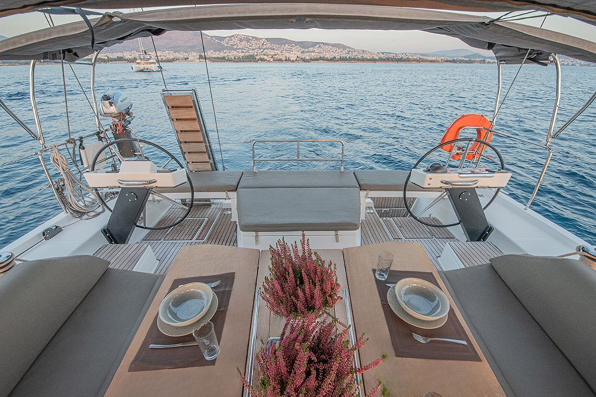 Cockpit of Anema, a Dufour 530 sailboat at Athens, Greece