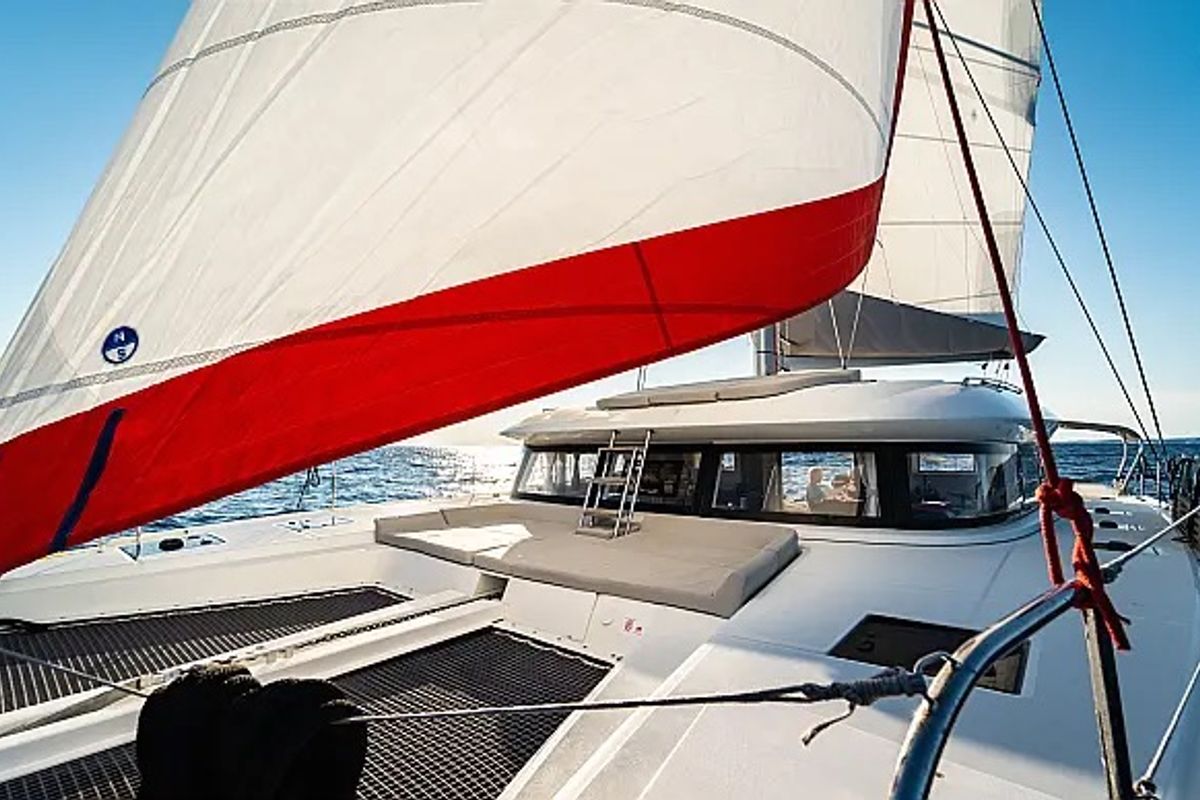 Deck of Faros, a Excess 15 catamaran at Seget Donji, Croatia
