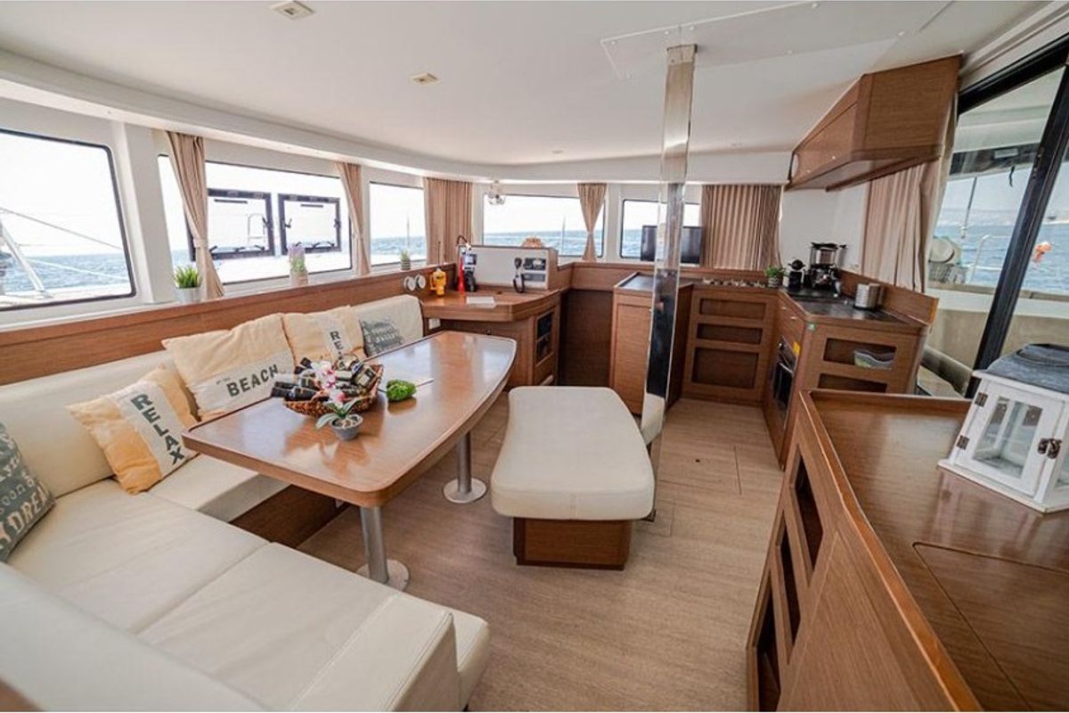 Salon of Svea, a Lagoon 42 catamaran at Municipal Unit of Nea Peramos, Greece