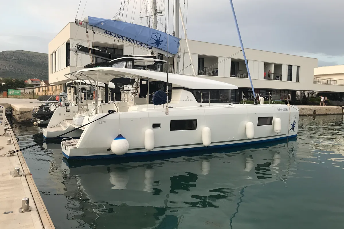 Exterior view of Svea, a Lagoon 42 catamaran at Municipal Unit of Nea Peramos, Greece