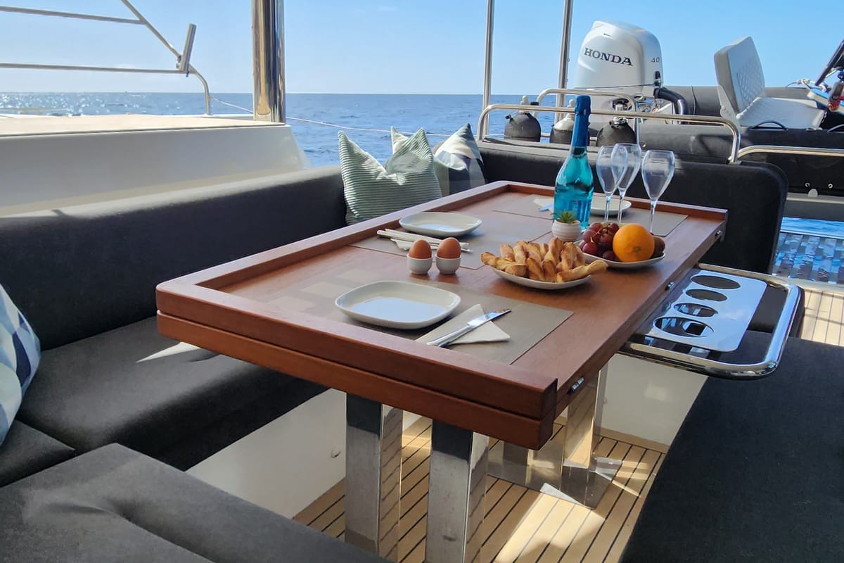 Deck of Tamiro, a Lagoon 52F catamaran at Municipal Unit of Lefkada, Greece