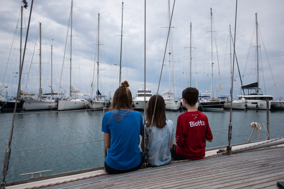 Deck of Asterias, a Wauquiez Amphitrite sailboat at Benitses, Greece