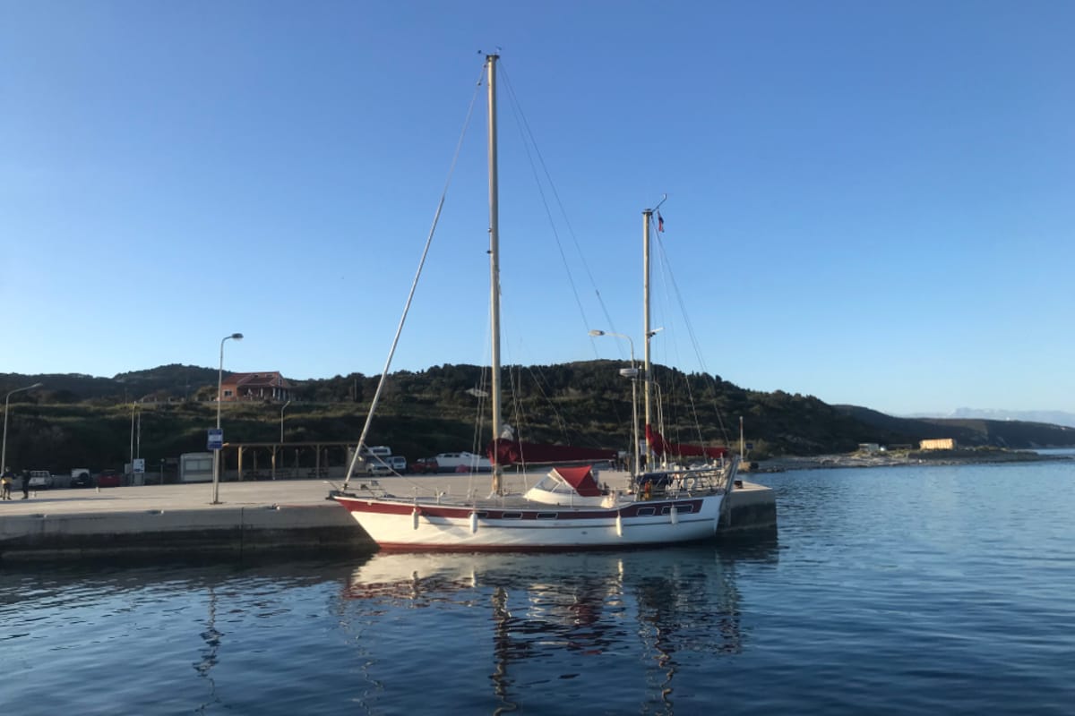 Exterior view of Asterias, a Wauquiez Amphitrite sailboat at Benitses, Greece
