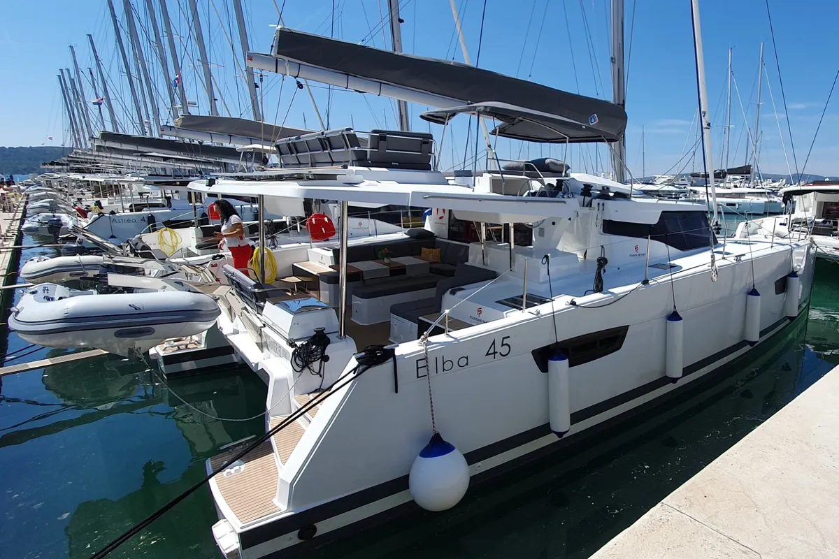 Exterior view of Summer Flow, a Fountaine Pajot Elba 45 catamaran at Seget Donji, Croatia