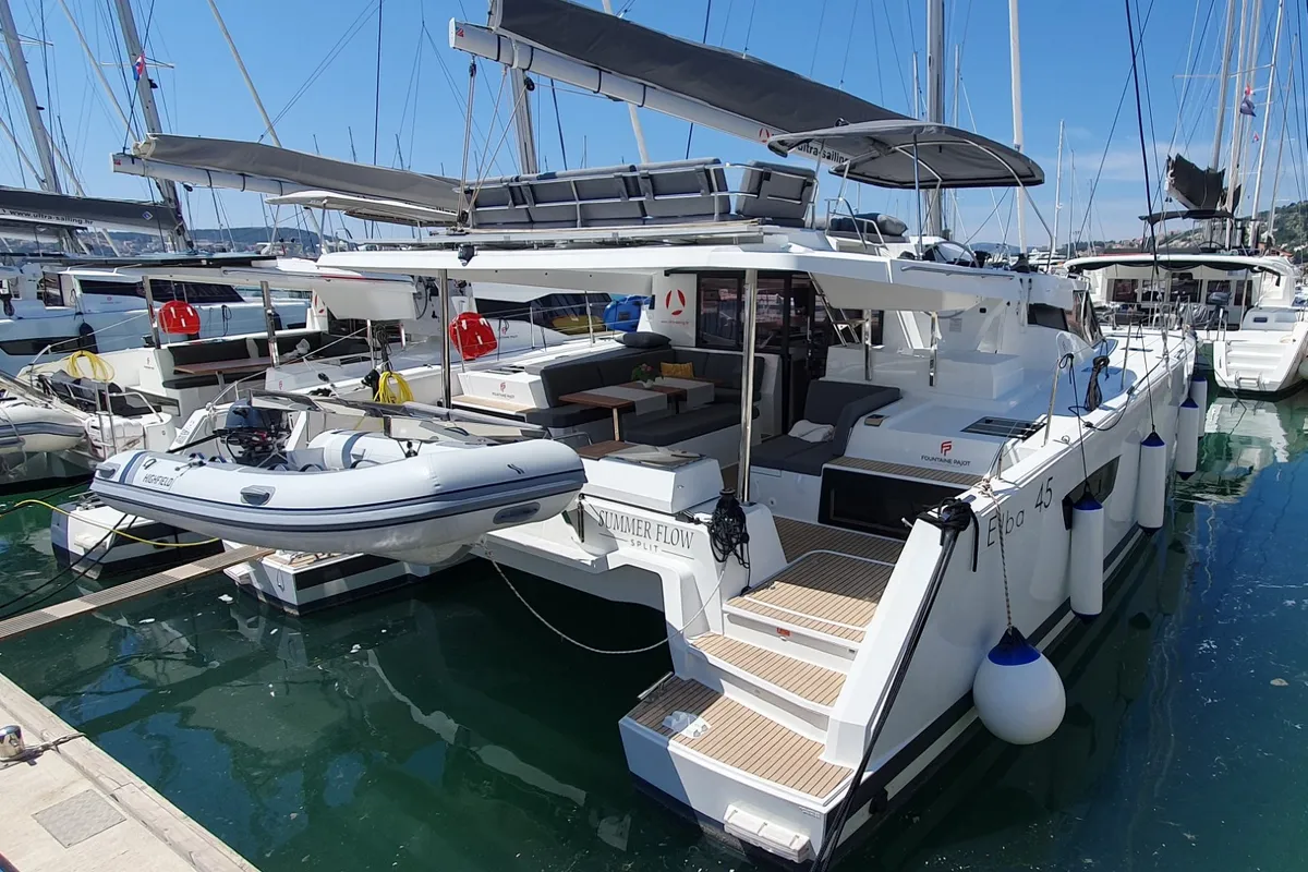 Exterior view of Summer Flow, a Fountaine Pajot Elba 45 catamaran at Seget Donji, Croatia