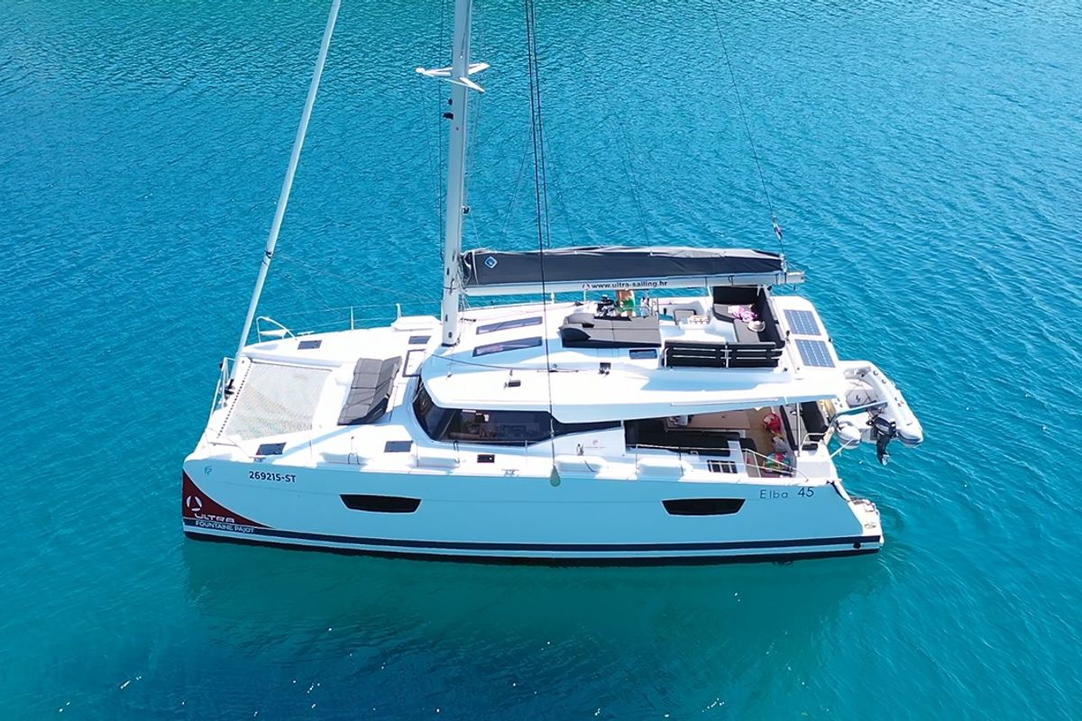 Exterior view of Summer Flow, a Fountaine Pajot Elba 45 catamaran at Seget Donji, Croatia
