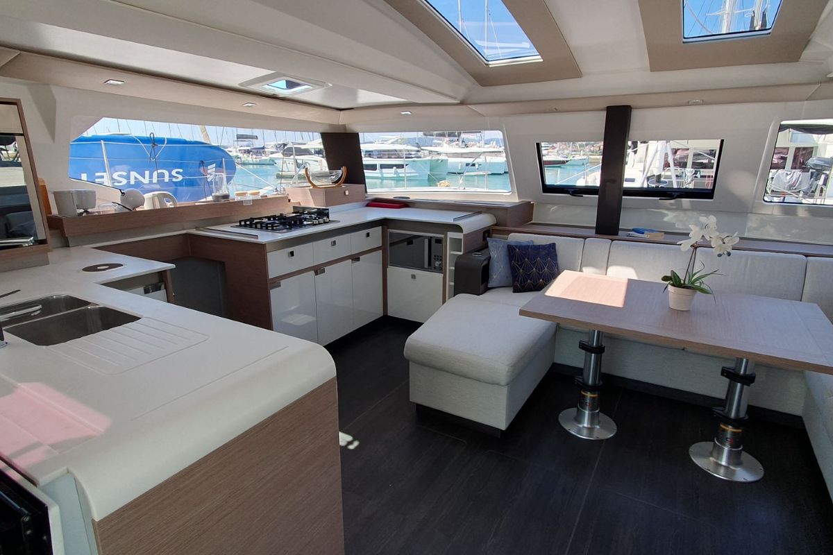 Salon of Summer Flow, a Fountaine Pajot Elba 45 catamaran at Seget Donji, Croatia