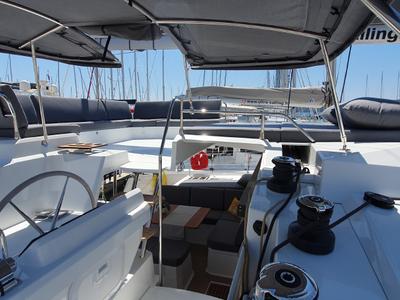 Cockpit of Summer Flow, a Fountaine Pajot Elba 45 catamaran at Seget Donji, Croatia