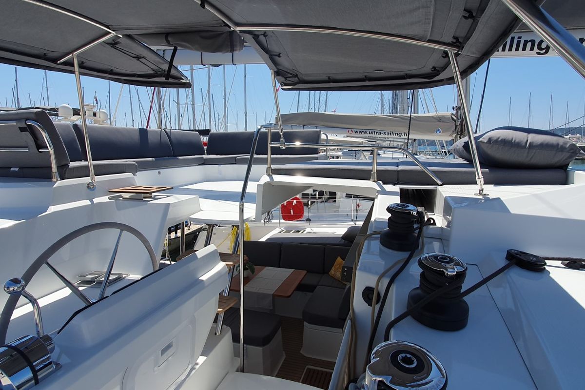 Cockpit of Summer Flow, a Fountaine Pajot Elba 45 catamaran at Seget Donji, Croatia