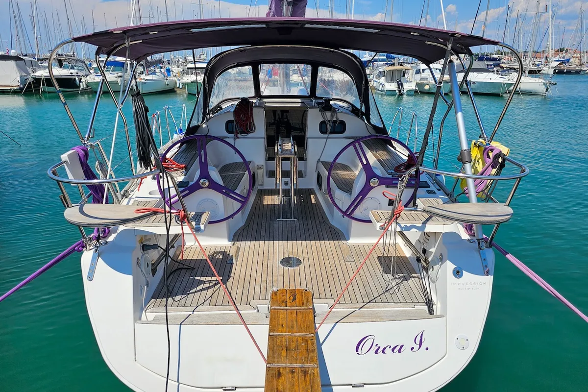 Cockpit of Orca I, a Elan Impression 40 sailboat at Izola / Isola, Slovenia