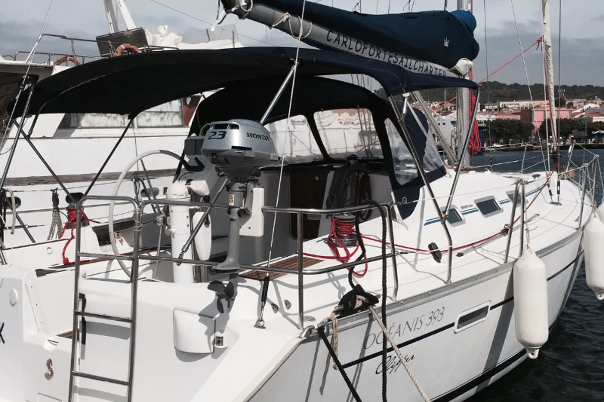 Exterior view of Sabik, a Beneteau Oceanis 393 sailboat at U Pàize/Carloforte, Italy