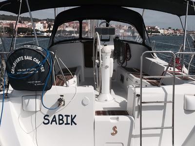 Cockpit of Sabik, a Beneteau Oceanis 393 sailboat at U Pàize/Carloforte, Italy