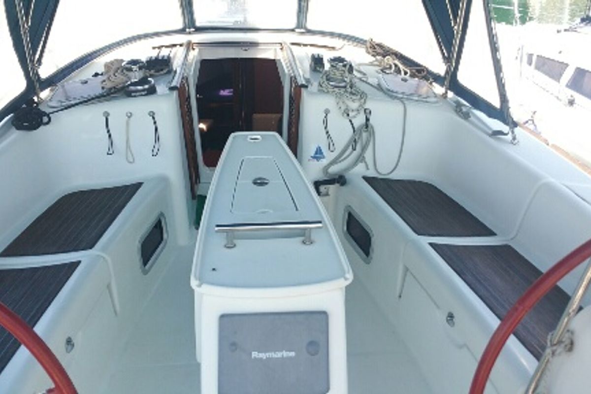Cockpit of Tiamo, a Beneteau Oceanis 43 sailboat at Municipal Unit of Lefkada, Greece