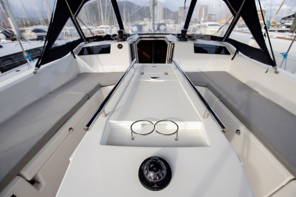 Cockpit of Gea, a Beneteau Oceanis 40.1 sailboat at Salerno, Italy