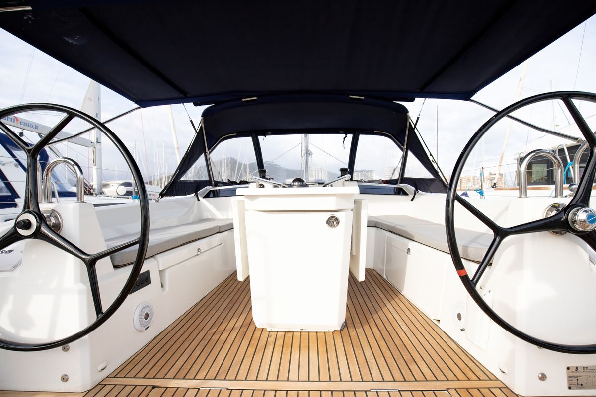 Cockpit of Gea, a Beneteau Oceanis 40.1 sailboat at Salerno, Italy