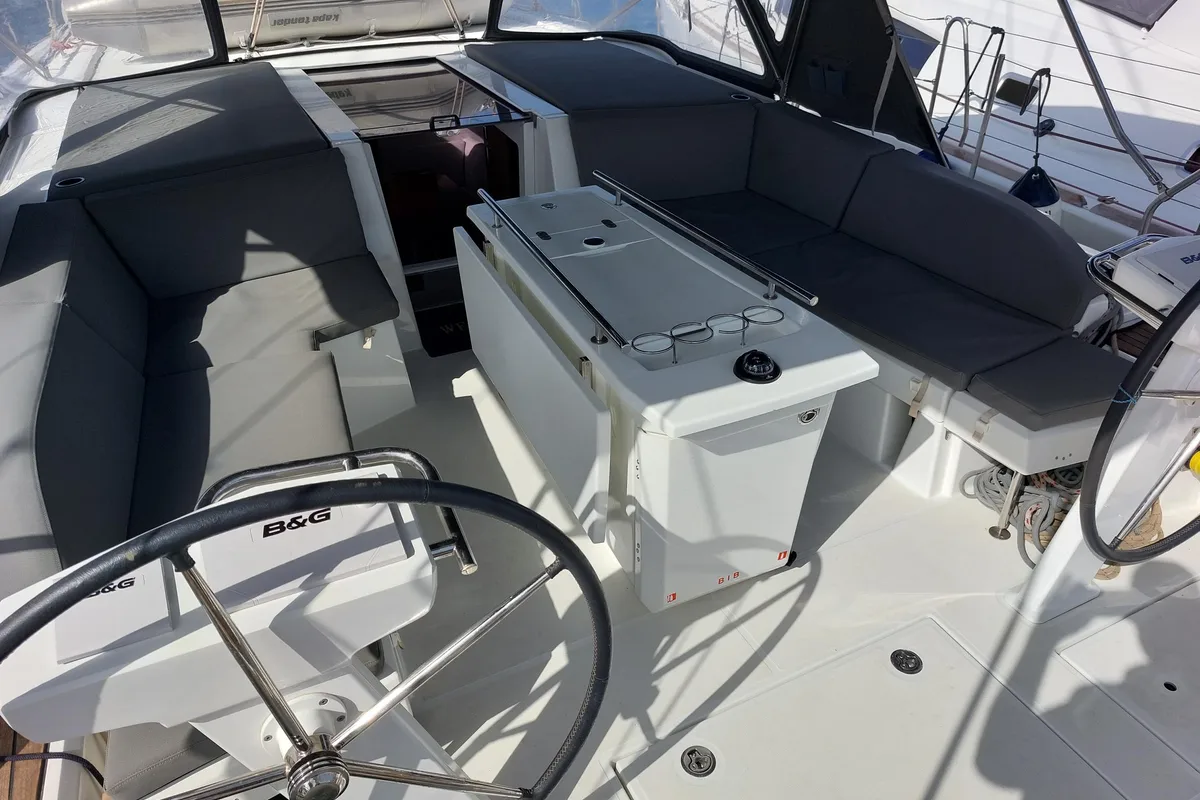 Cockpit of Kalmi, a Beneteau Oceanis 46.1 sailboat at Lavreotiki Municipal Unit, Greece
