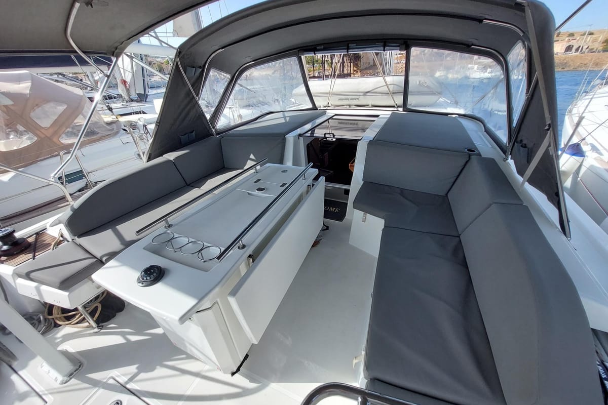 Deck of Kalmi, a Beneteau Oceanis 46.1 sailboat at Lavreotiki Municipal Unit, Greece