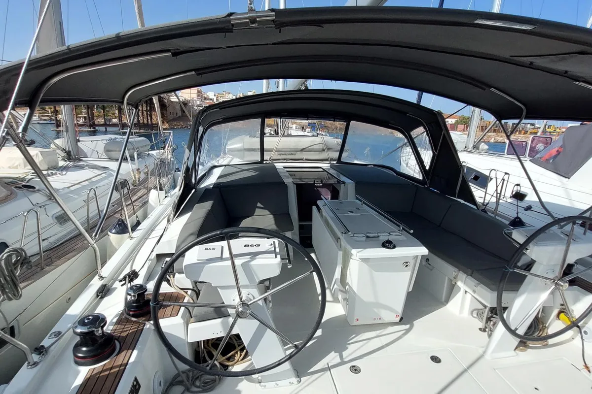 Cockpit of Kalmi, a Beneteau Oceanis 46.1 sailboat at Lavreotiki Municipal Unit, Greece