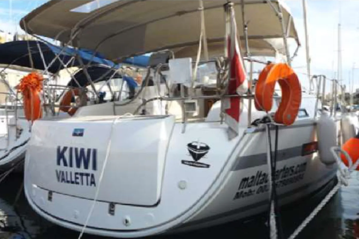 Exterior view of KIWI, a Bavaria Cruiser 36 sailboat at Kalkara, Malta