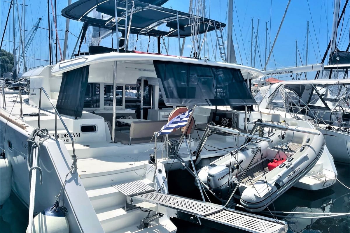 Exterior view of Aeolian Dream, a Lagoon 450 F catamaran at Preveza, Greece