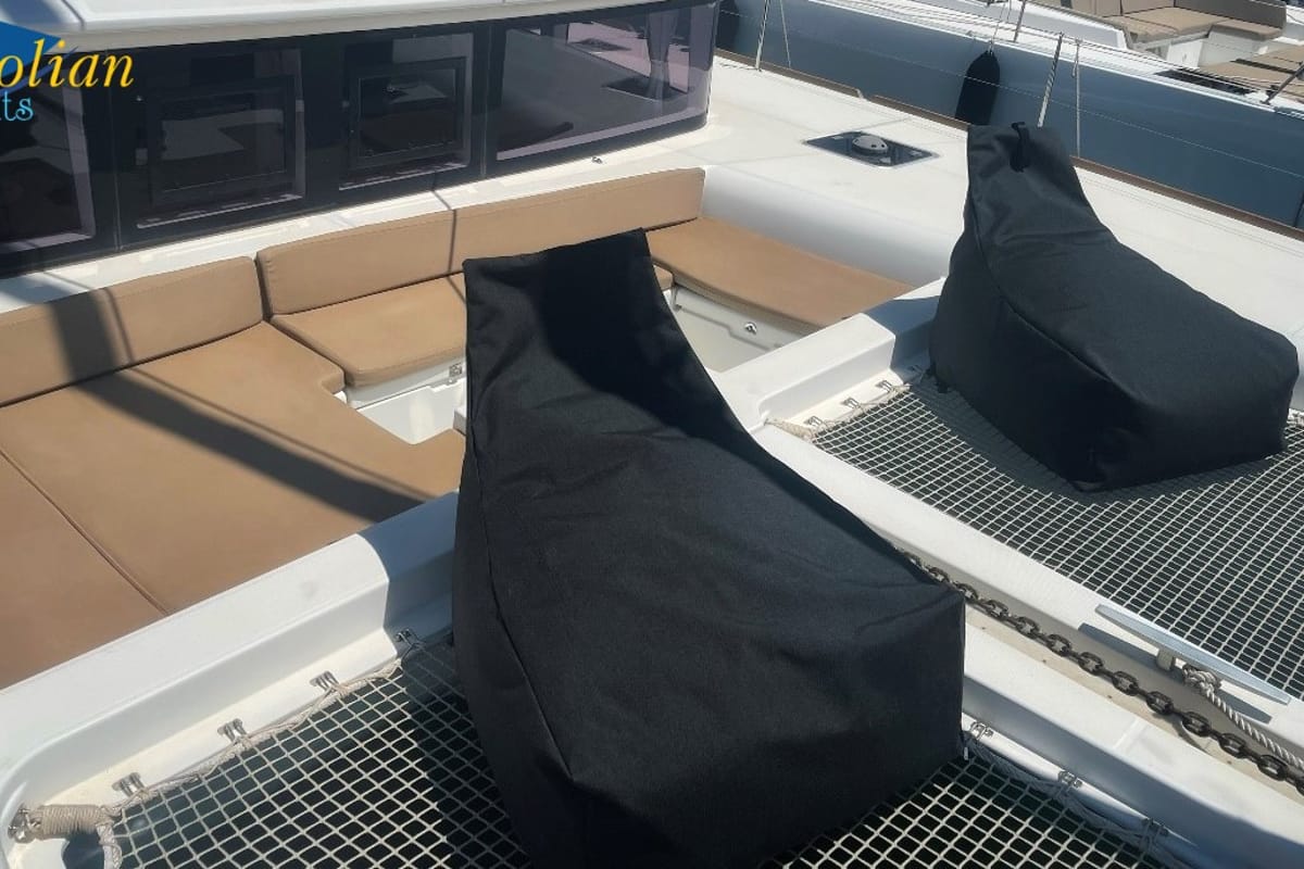 Deck of Aeolian Dream, a Lagoon 450 F catamaran at Preveza, Greece