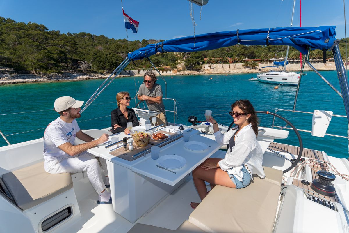 Deck of Sunsail 46 Mon Classic, a Beneteau Oceanis 46 sailboat at Gouvia, Greece