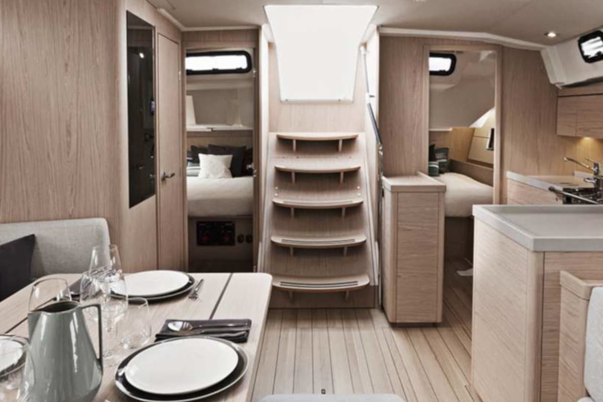Salon of Sunsail 46 Mon Classic, a Beneteau Oceanis 46 sailboat at Gouvia, Greece