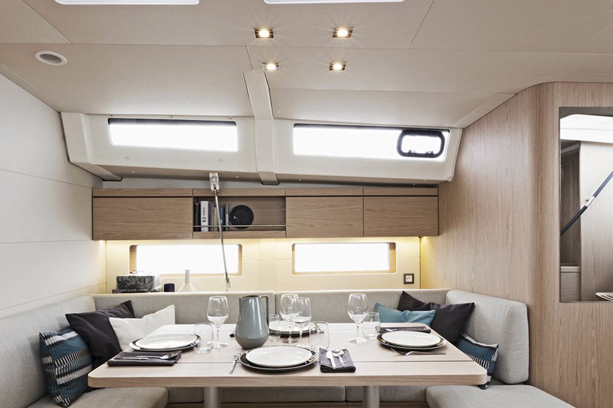 Salon of Sunsail 46 Mon Classic, a Beneteau Oceanis 46 sailboat at Gouvia, Greece