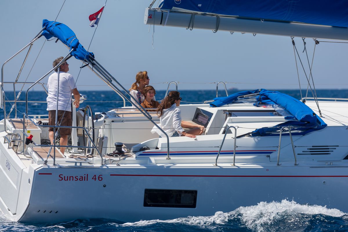 Deck of Sunsail 46 Mon Classic, a Beneteau Oceanis 46 sailboat at Gouvia, Greece