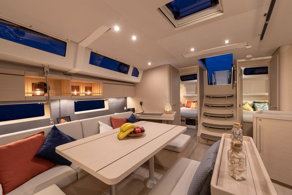 Salon of Sunsail 46 Mon Classic, a Beneteau Oceanis 46 sailboat at Gouvia, Greece